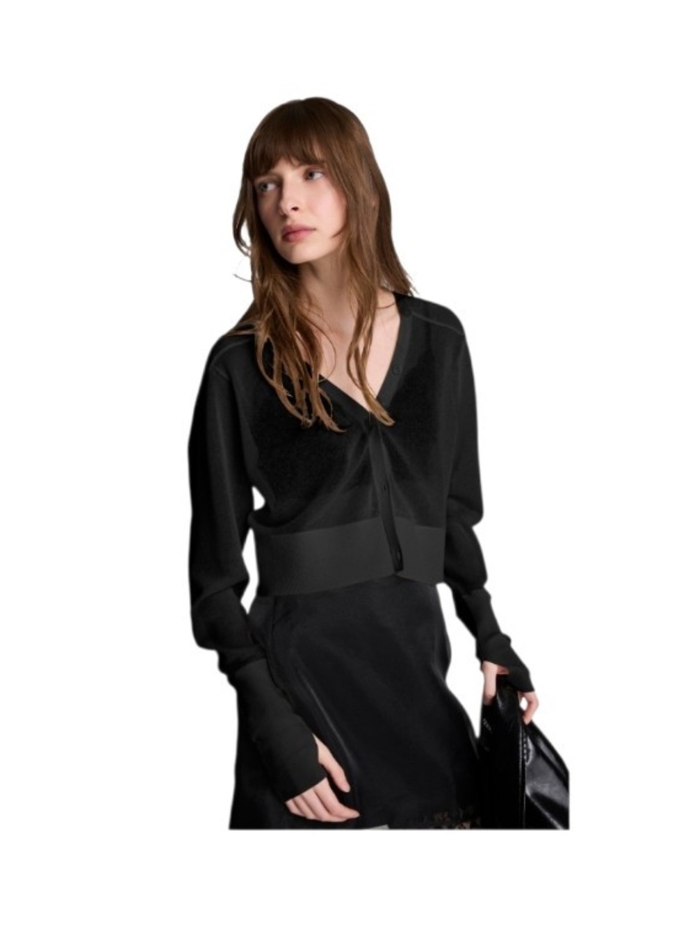 KENNETH COLE - Small Black Cropped V-Neck Shear Cardigan - Picture 8 of 9